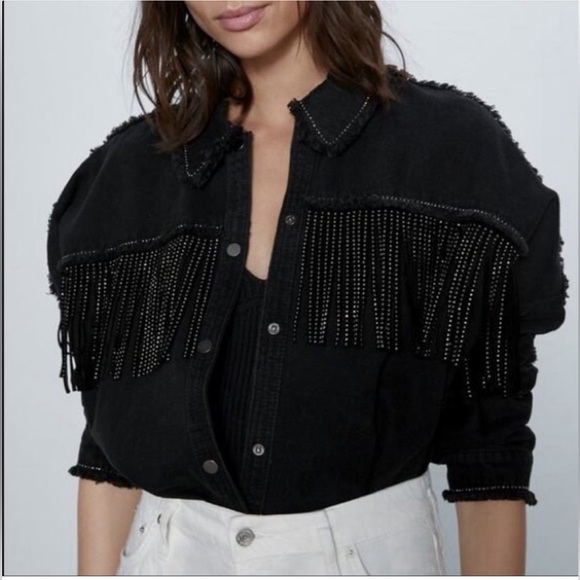 Zara black denim fringe rhinestone jacket size XS - Picture 10 of 12
